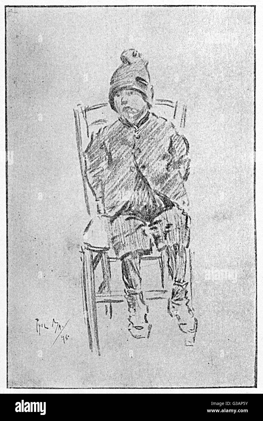 A study by Phil May of a young boy wearing a woolly hat and sat in a chair - a street boy?     Date: 1895 Stock Photo