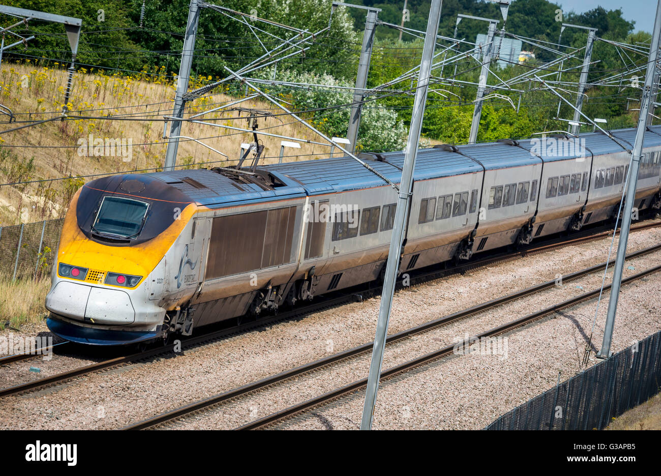 Class 373 e300 Eurostar train travelling in England. Stock Photo