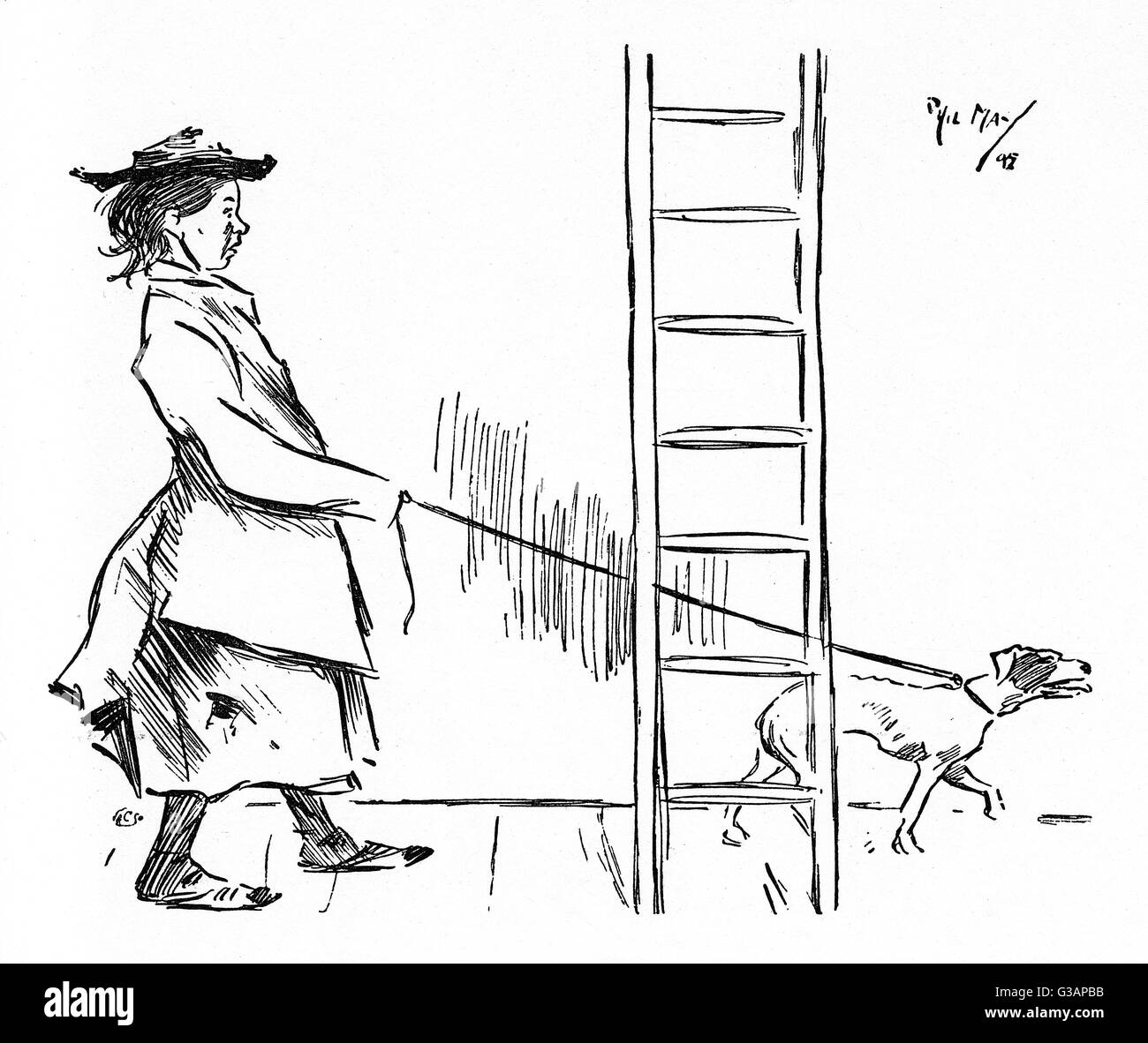 East End Woman scared of dog making her to walk under ladder Stock Photo