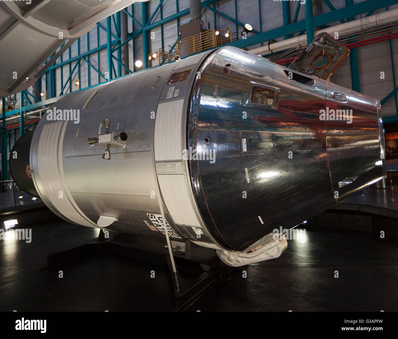 View of NASA's Apollo Command/Service Module (CSM), on display at the Kennedy Space Centre Visitors Complex, Merritt Island. Stock Photo
