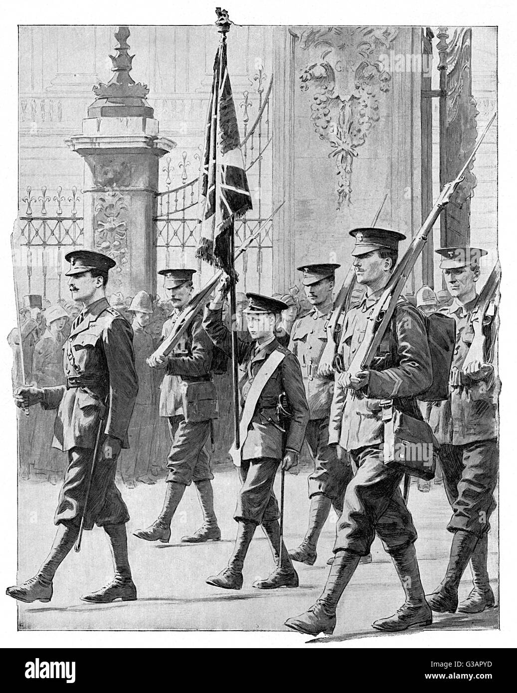 Edward, Prince of Wales (later King Edward VIII, then Duke of Windsor), parades with his fellow Grenadier Guards (all of whom are considerably taller than him) and carries the regimental flag in front of Buckingham Palace in October 1914.  The Prince woul Stock Photo