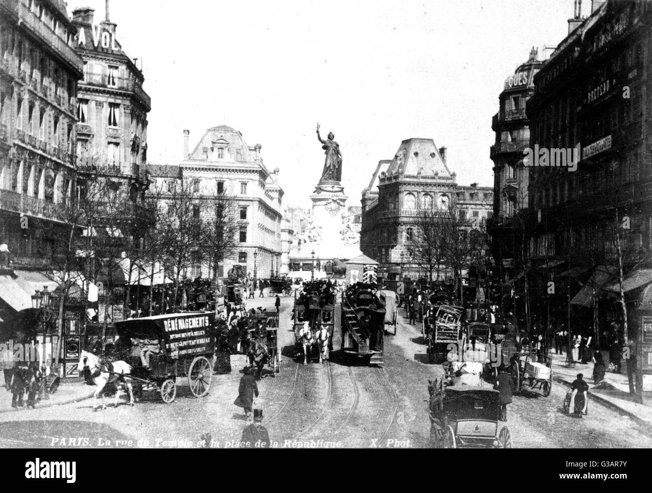 Paris, France - Place de la Republique and Rue du Temple.     Date: circa 1900 Stock Photo