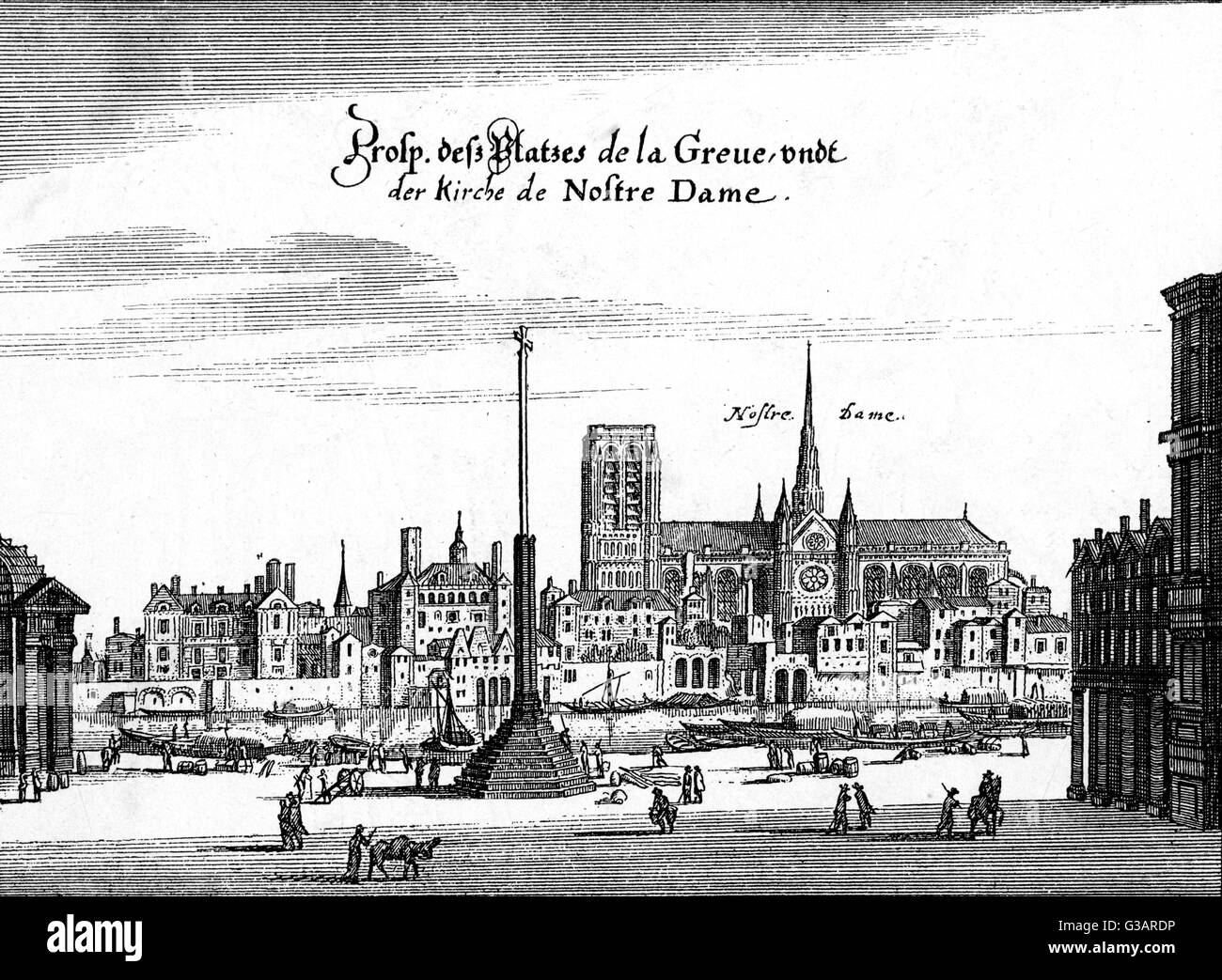 Paris, France Place de Greve and Notre Dame. Date circa 1640 Stock