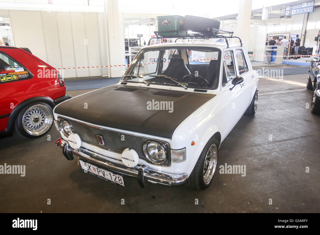 A Zastava 101 oldtimer automobile known by the nickname Stojadin, exhibited at Fast and furious street race in Zagreb, Croatia. Stock Photo