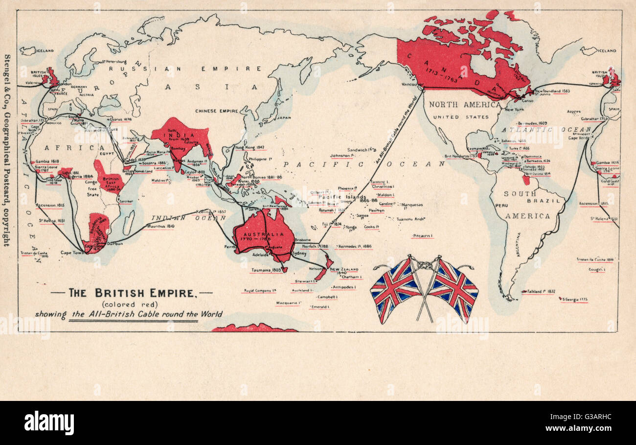 Map of the British Empire (coloured red), showing the All-British international cable going round the world, enabling telegraphic communication.      Date: circa 1902 Stock Photo