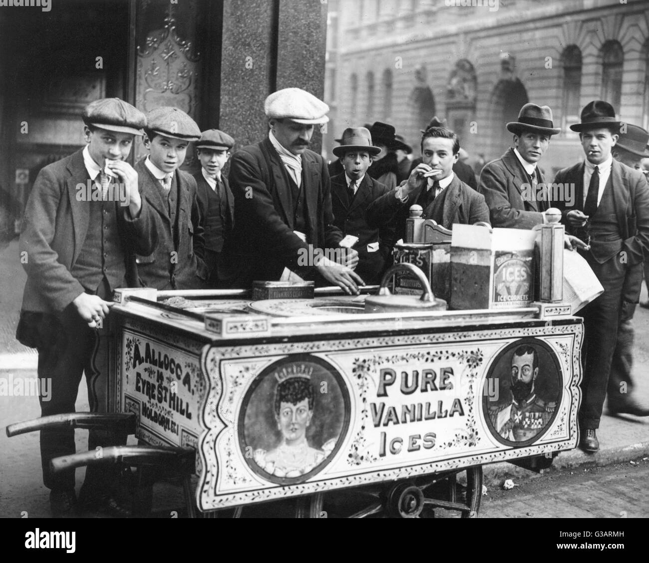 Ice cream vendor in a London street at the time of the 1911 Coronation