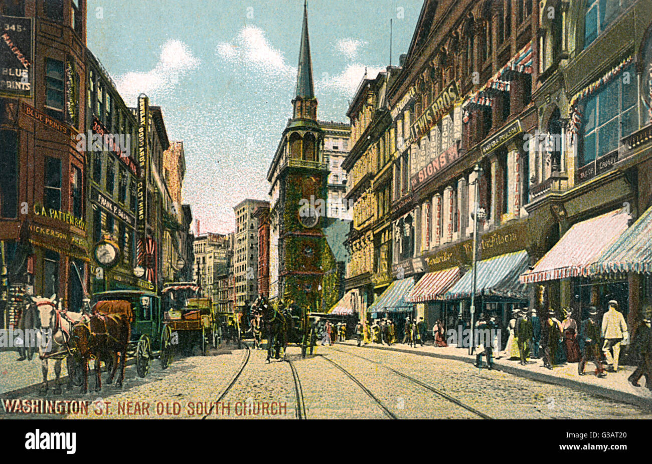 Washington Street, Boston, Massachusetts, USA, with the Old South Church in the middle distance. Stock Photo