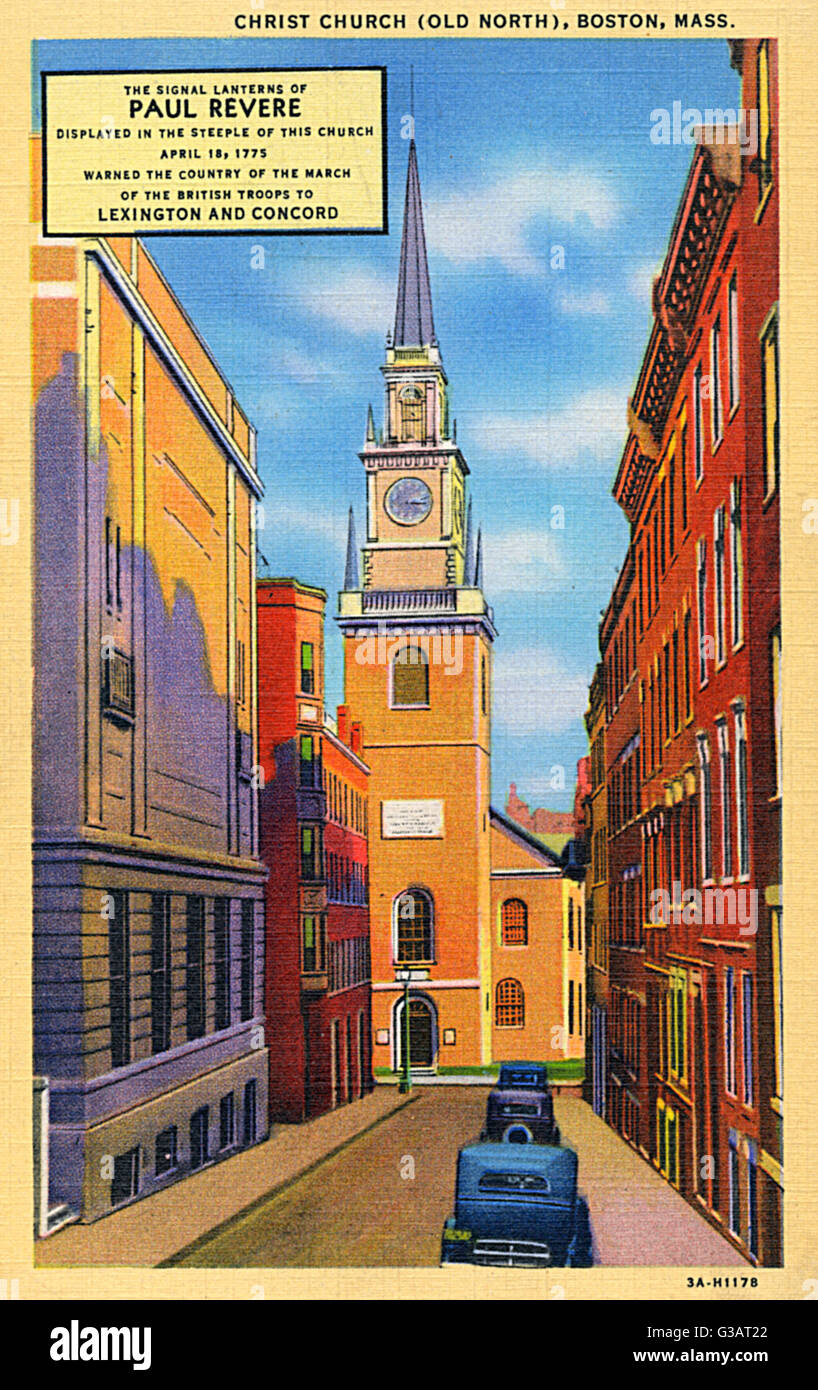 Old North Church (officially, Christ Church), in Salem Street, Boston, Massachusetts, USA, built in 1723. It was here that Paul Revere had two signal lanterns displayed in the steeple on 18 April 1775 during the American War of Independence as a warning t Stock Photo