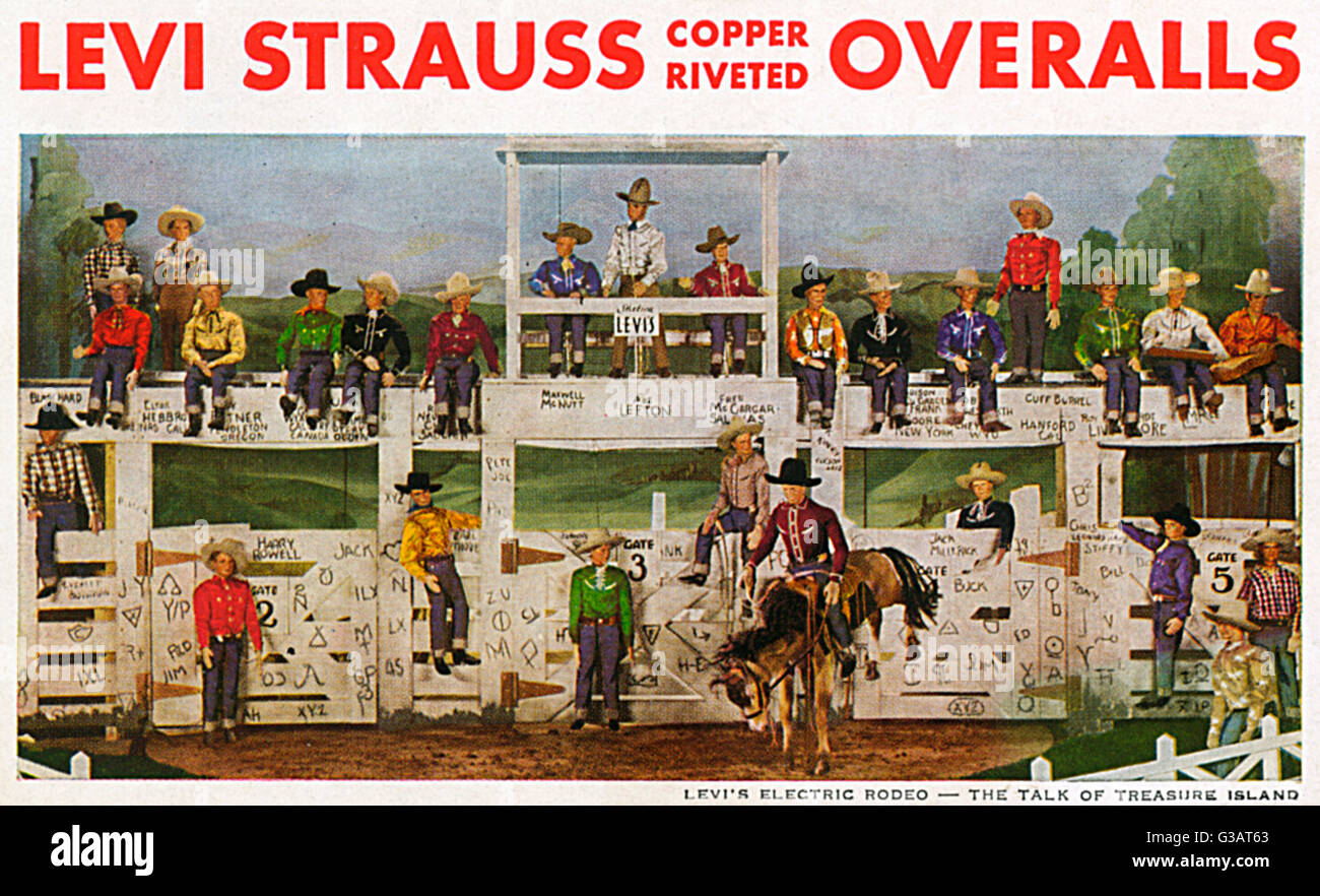 Advertisement for Levi Strauss copper riveted overalls, featuring Levi's Electric Rodeo -- the Talk of Treasure Island. The figures are all hand-carved likenesses of famous rodeo people in authentic Western clothing. It was on show during the Golden Gate Stock Photo