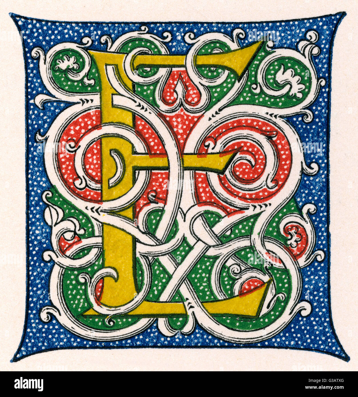 Illuminated letter E in a medieval style Stock Photo