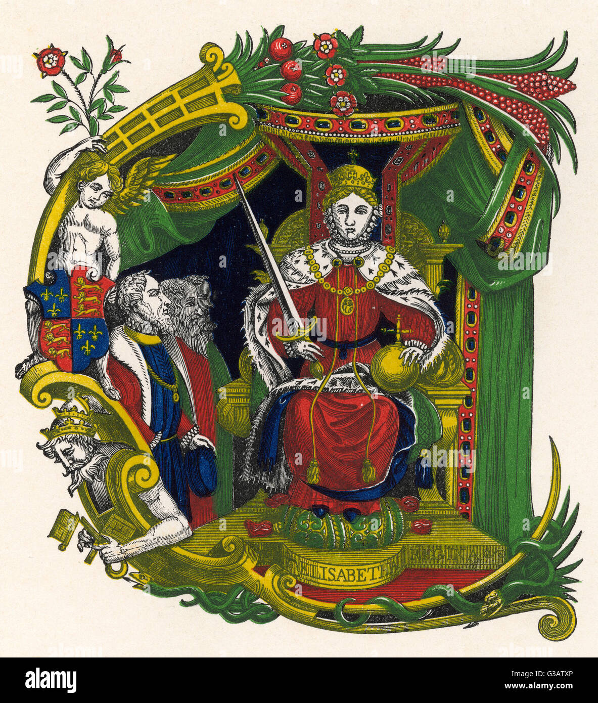 Illuminated letter C with Queen Elizabeth I Stock Photo