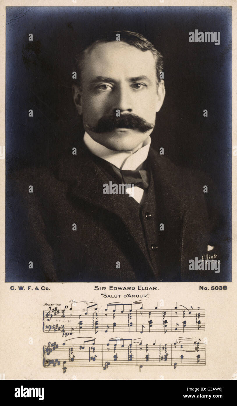 English Composer Sir Edward Elgar (1857-1934) and musical score to Salut D'Amour.     Date: 1905 Stock Photo