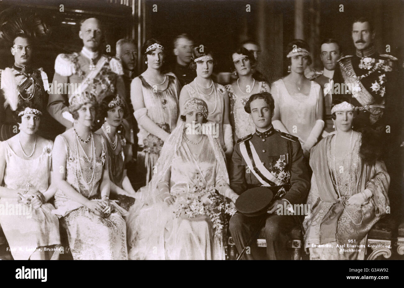 The official group wedding photograph (taken on 10th November 1926) of Princess Astrid of Sweden, born Astrid Sofia Lovisa Thyra (19051935) and Crown Prince Leopold (future King Leopold III) of Belgium. Astrid was killed tragically in a car crash. Also pi Stock Photo