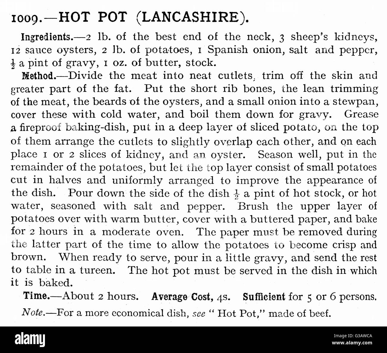 Recipe for Lancashire hot pot by Mrs Beeton Stock Photo