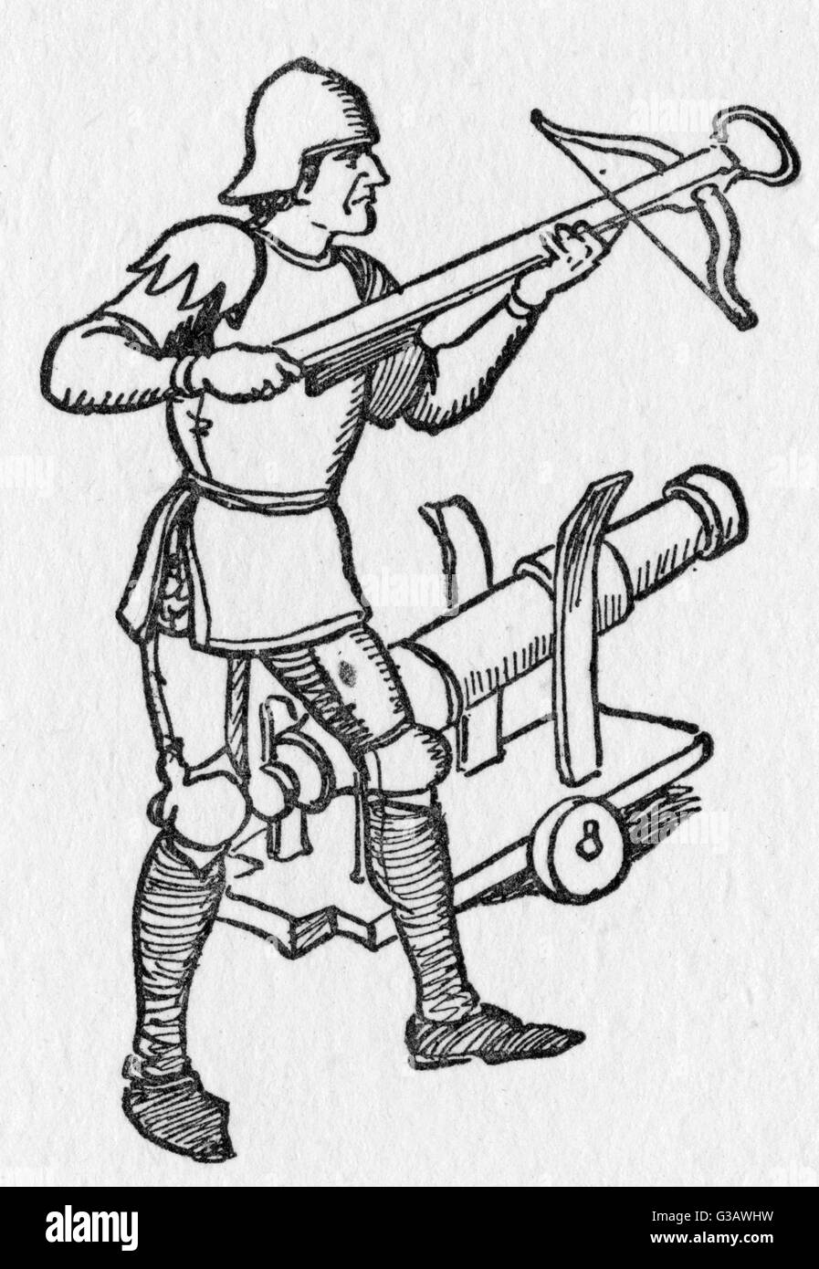 Soldier with a crossbow and one of the first cannons Stock Photo