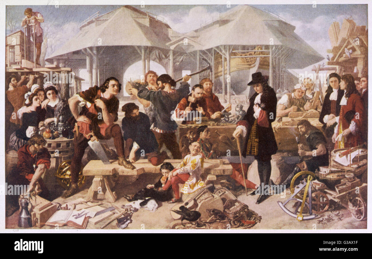 PETER I 'the Great' In 1697/8 he toured western Europe picking up ideas : here he is studying shipbuilding at Deptford, on the Thames east of London Date: ...