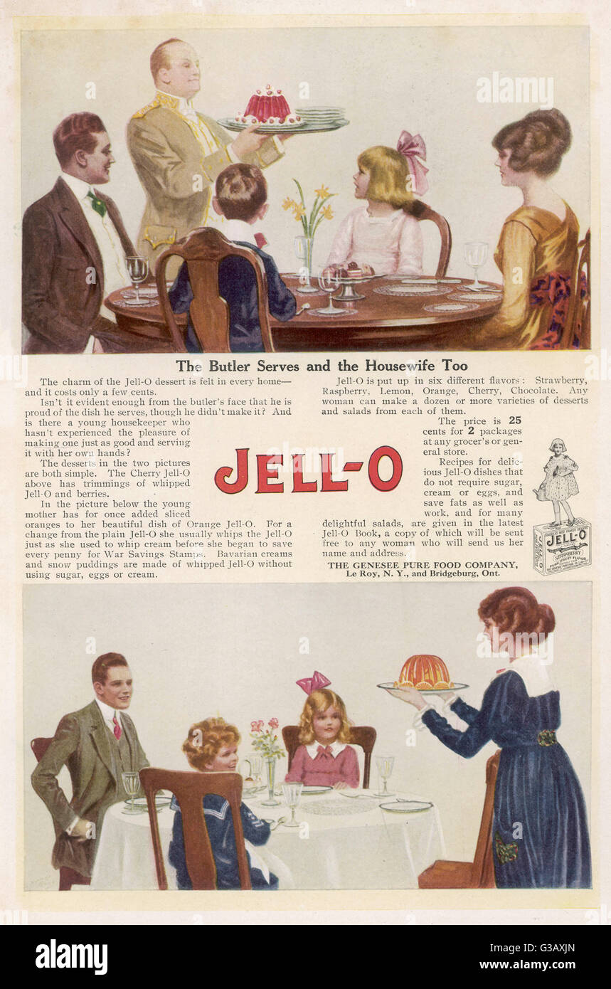 'The Butler serves and the Housewife too, for the charm of the Jell-O dessert is felt in every home - isn't it evident from the butler's face that he is proud of the dish?' Date: 1918 Stock Photo