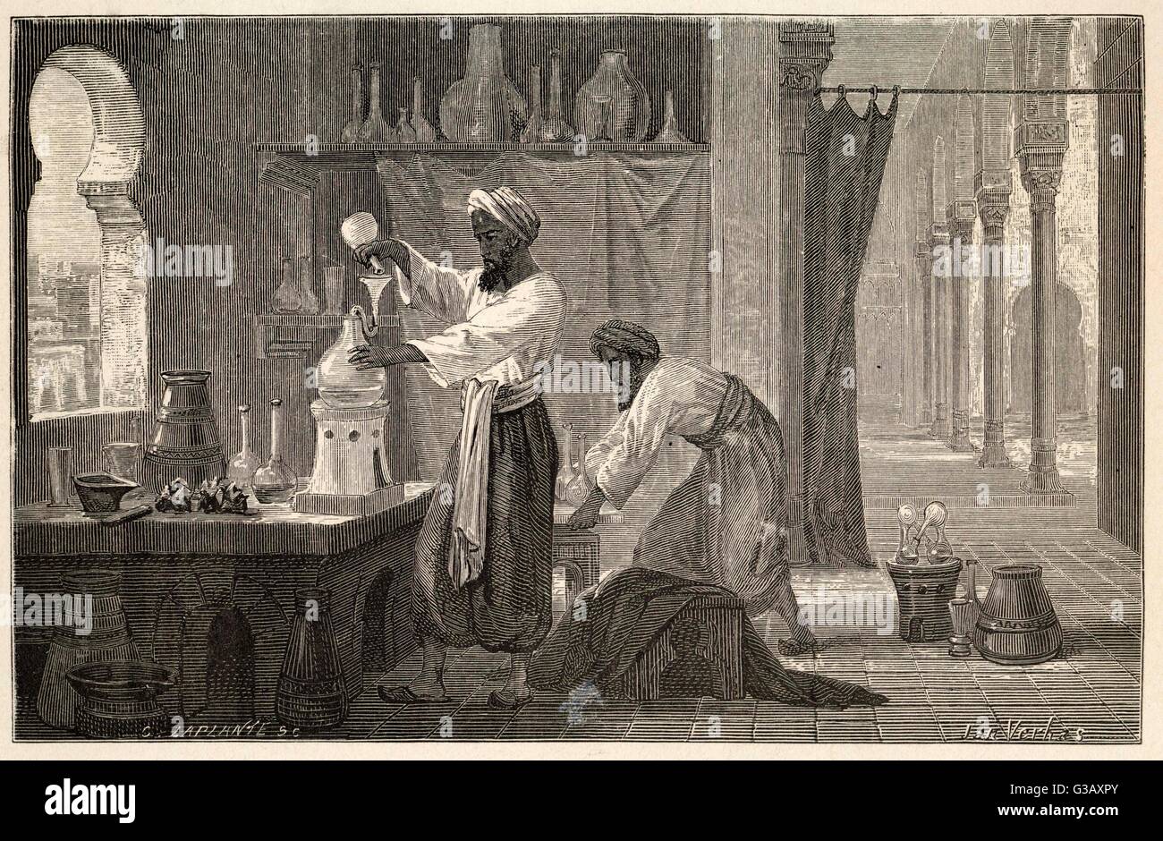 Abu Bakr Muhammad ibn Zakariya' al-Razi, known by Latin form  Rhazes. Persian physician, clinician and philosopher depicted in his laboratory in Baghdad.       Date: 10th century Stock Photo