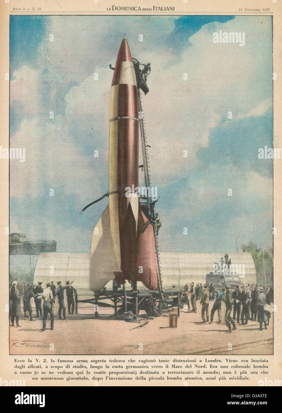 The V2 'Vergeltungswaffe'  (revenge weapon) rocket was  the first long-range ballistic  missile, carrying a 1-tonne  warhead which it delivered at  a speed of 5000 k/h     Date: 1945 Stock Photo
