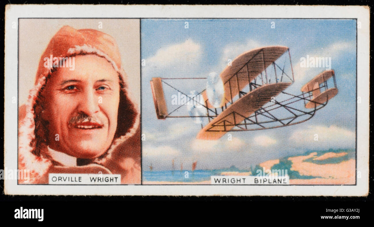 Orville Wright, American  pioneer aviator, and his  Wright biplane (1908 model)       Date: 1871 - 1948 Stock Photo