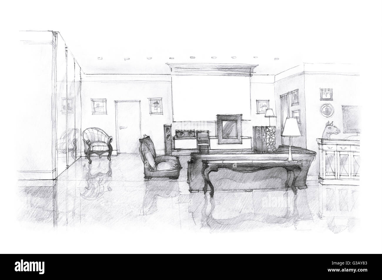 modern interior sitting room hand drawing in black and white with