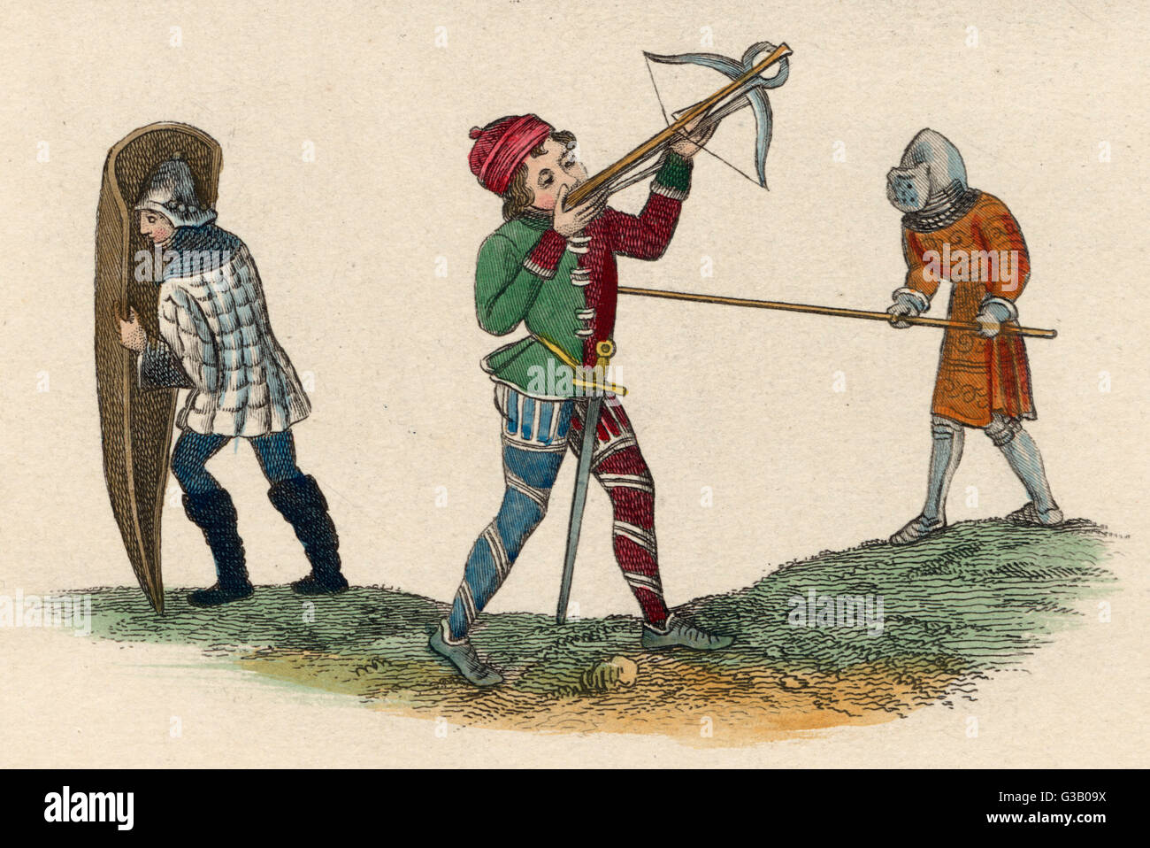 English soldiers with shield, pike and crossbow. Date 15th / 16th