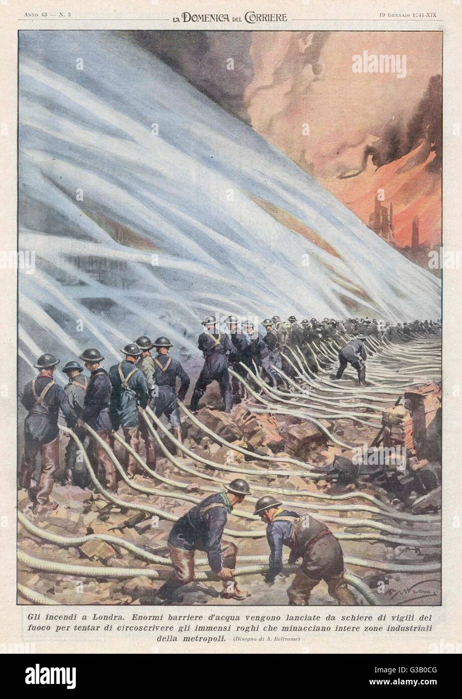 Massed firemen with their  hoses attempt to quell the  flames as they engulf the  industrial areas of London  following a nocturnal visit  by the Luftwaffe     Date: January 1941 Stock Photo