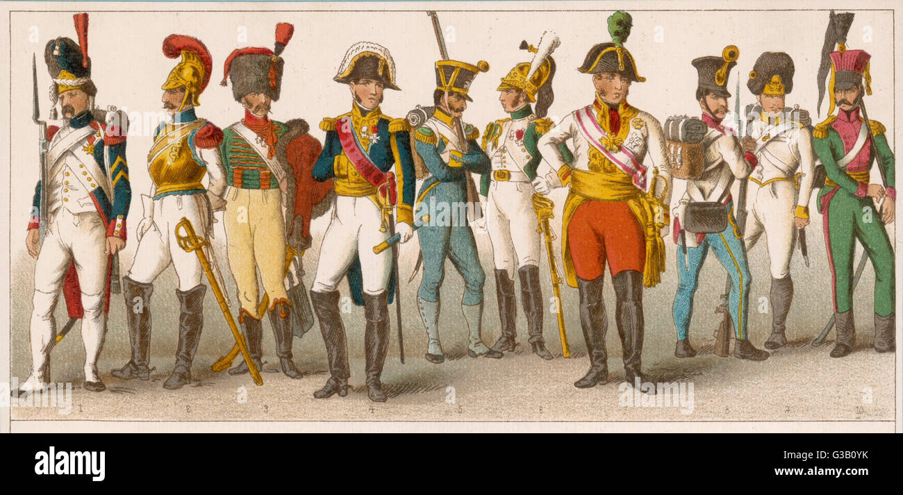 French soldiers  and officers (1-6)        Date: 18th century Stock Photo