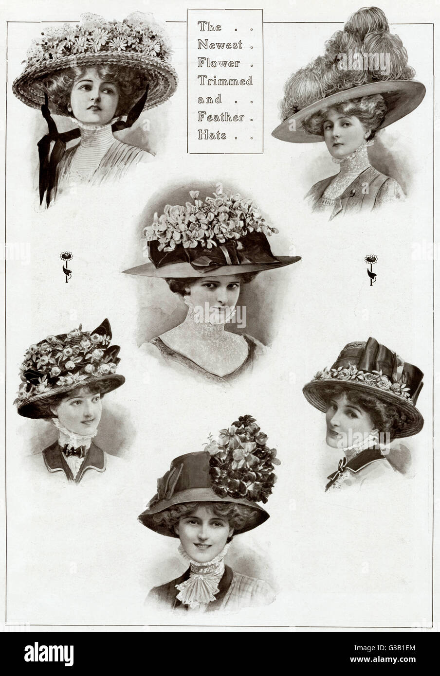 Edwardian floral and feathered hats 1909 Stock Photo