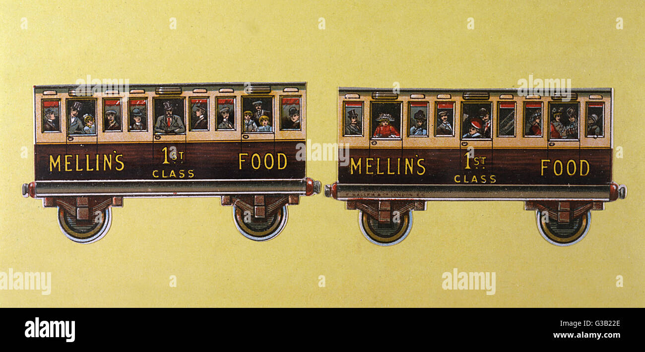 Mellin's 1st Class Food  - two railway carriages        Date: 1890s? Stock Photo