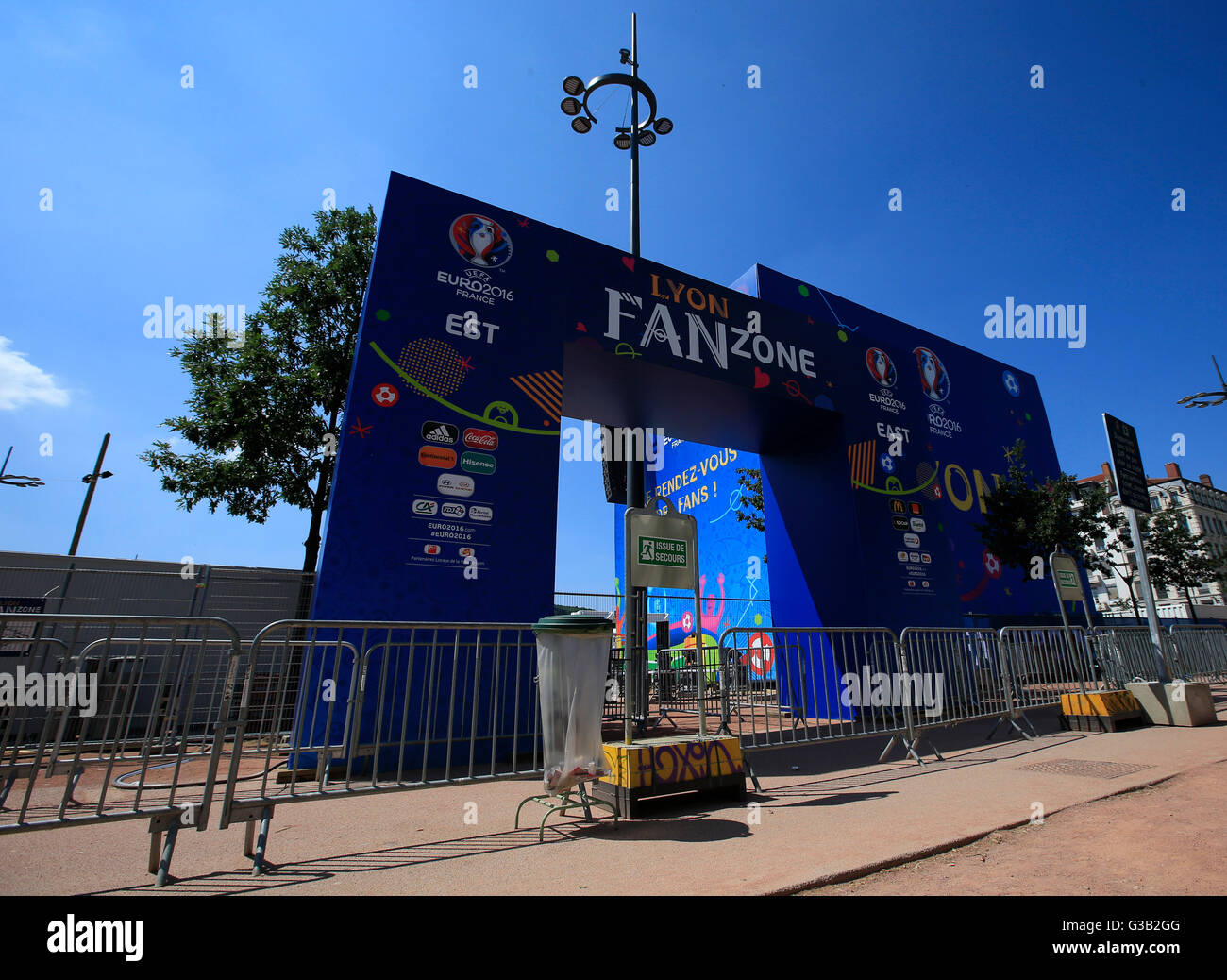 Entrance to the fan zone in Place Bellecour, Lyon, France. PRESS ASSOCIATION Photo. Picture date: Thursday June 9, 2016. Photo credit should read: Jonathan Brady/PA Wire Stock Photo