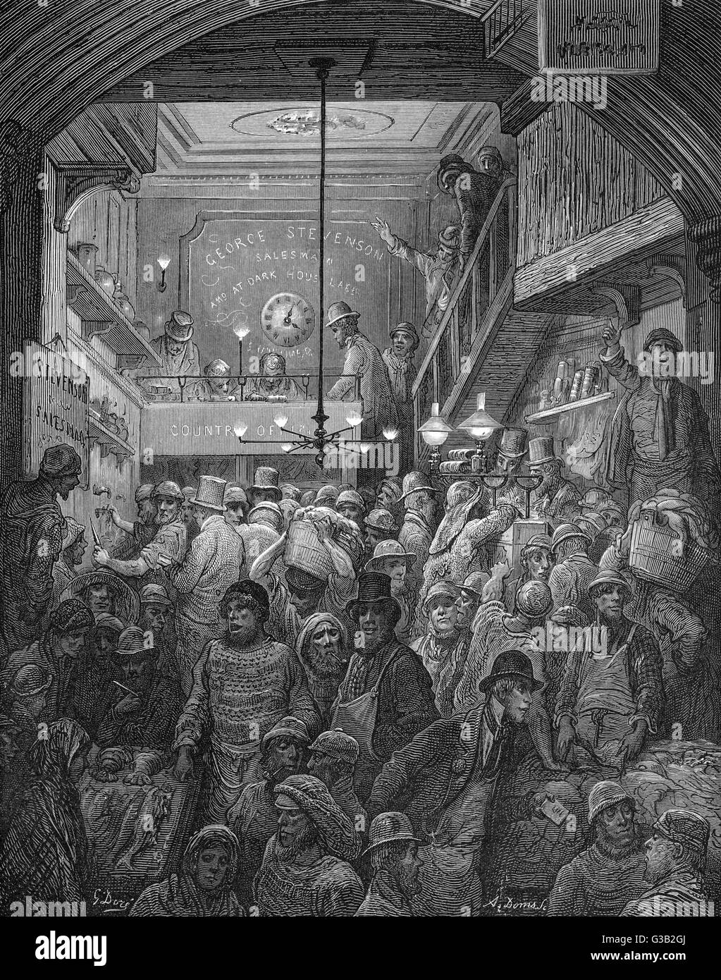 BILLINGSGATE fish market : auctioning the day's catch         Date: 1870 Stock Photo