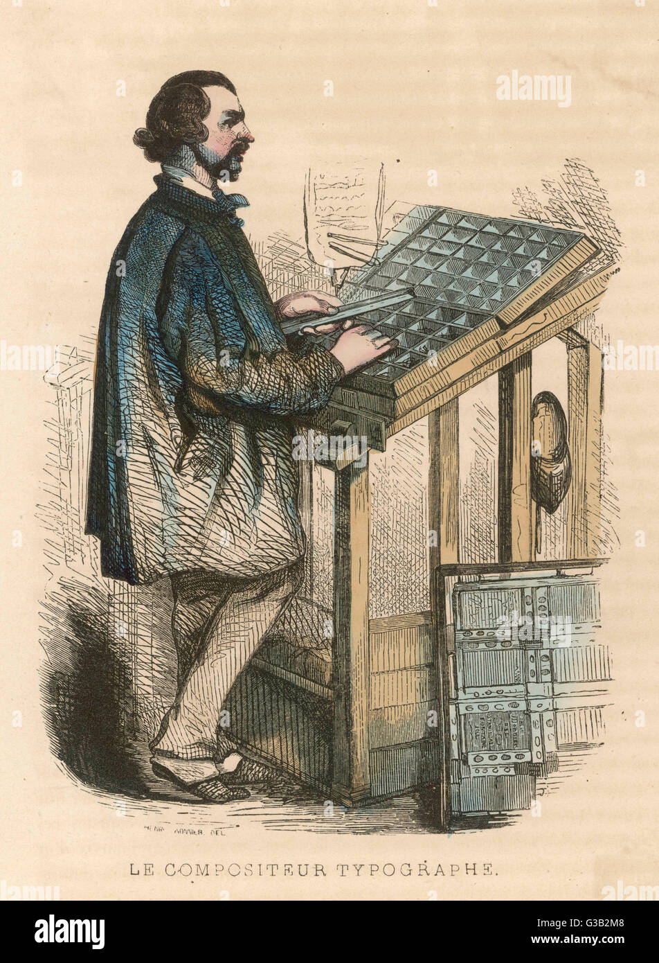 French compositor at work  placing individual letters  in his stick by hand       Date: 1850 Stock Photo