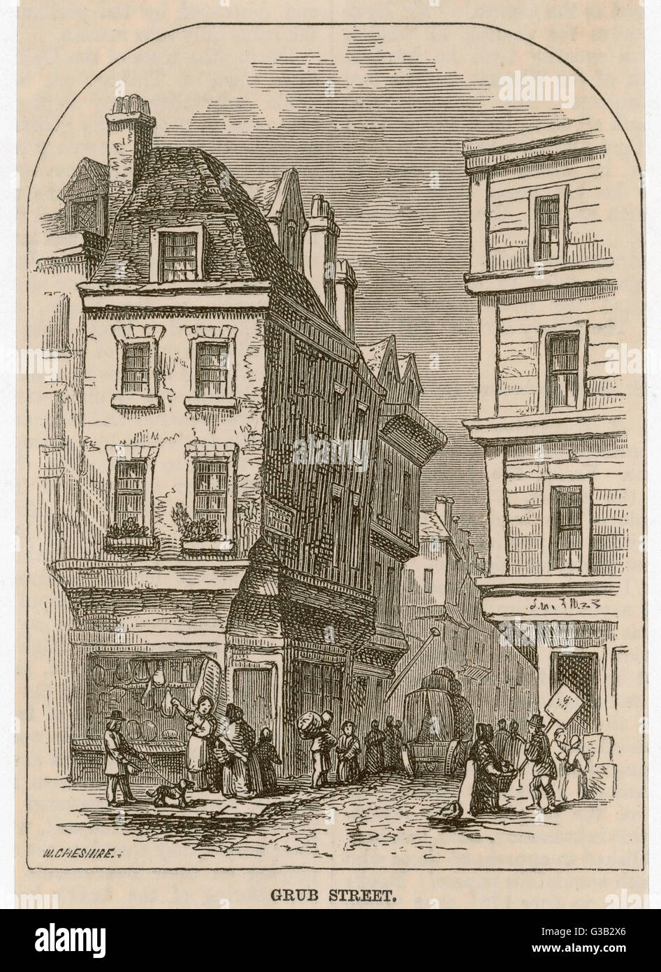 Grub Street, near Moorfields,  described by Dr. Johnson as  'much inhabited by writers of  small histories, dictionaries  and temporary poems'. It was  named Milton Street in 1830     Date: 18th century Stock Photo