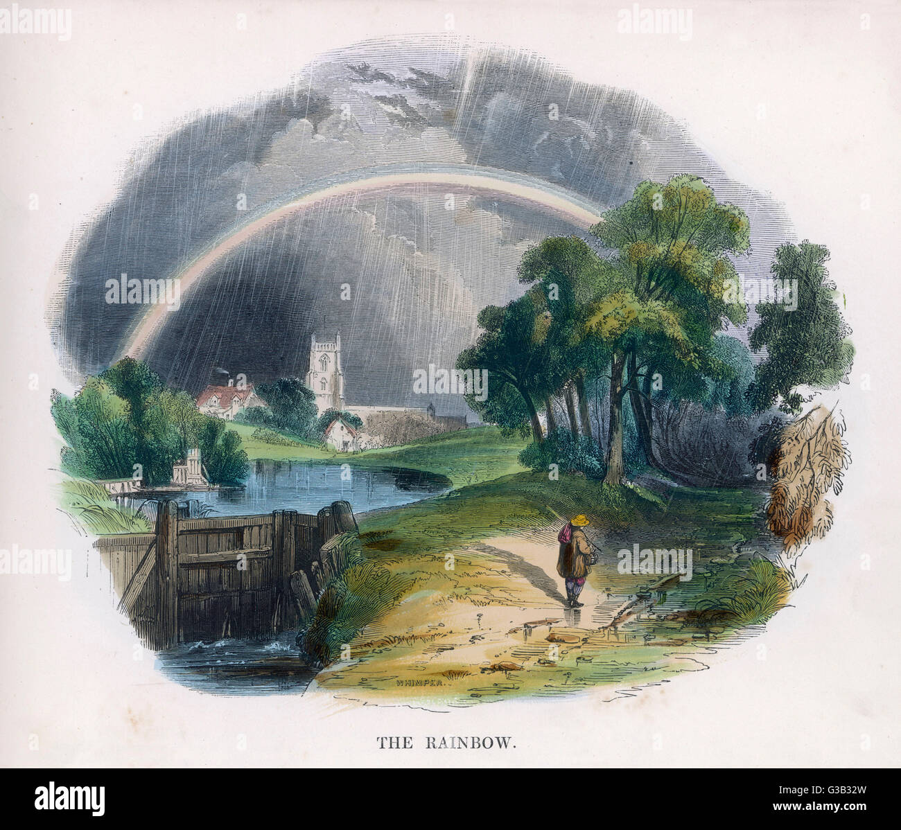 A rainbow over an idyllic  country scene with a rural  church in the background.       Date: circa 1860 Stock Photo
