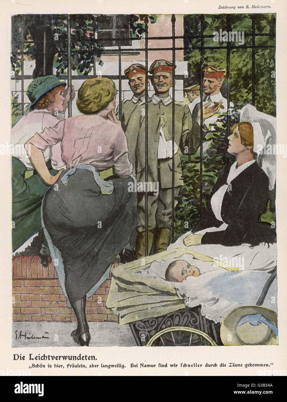 Convalescent German soldiers  boast of their exploits to  local German women.        Date: 1914 Stock Photo
