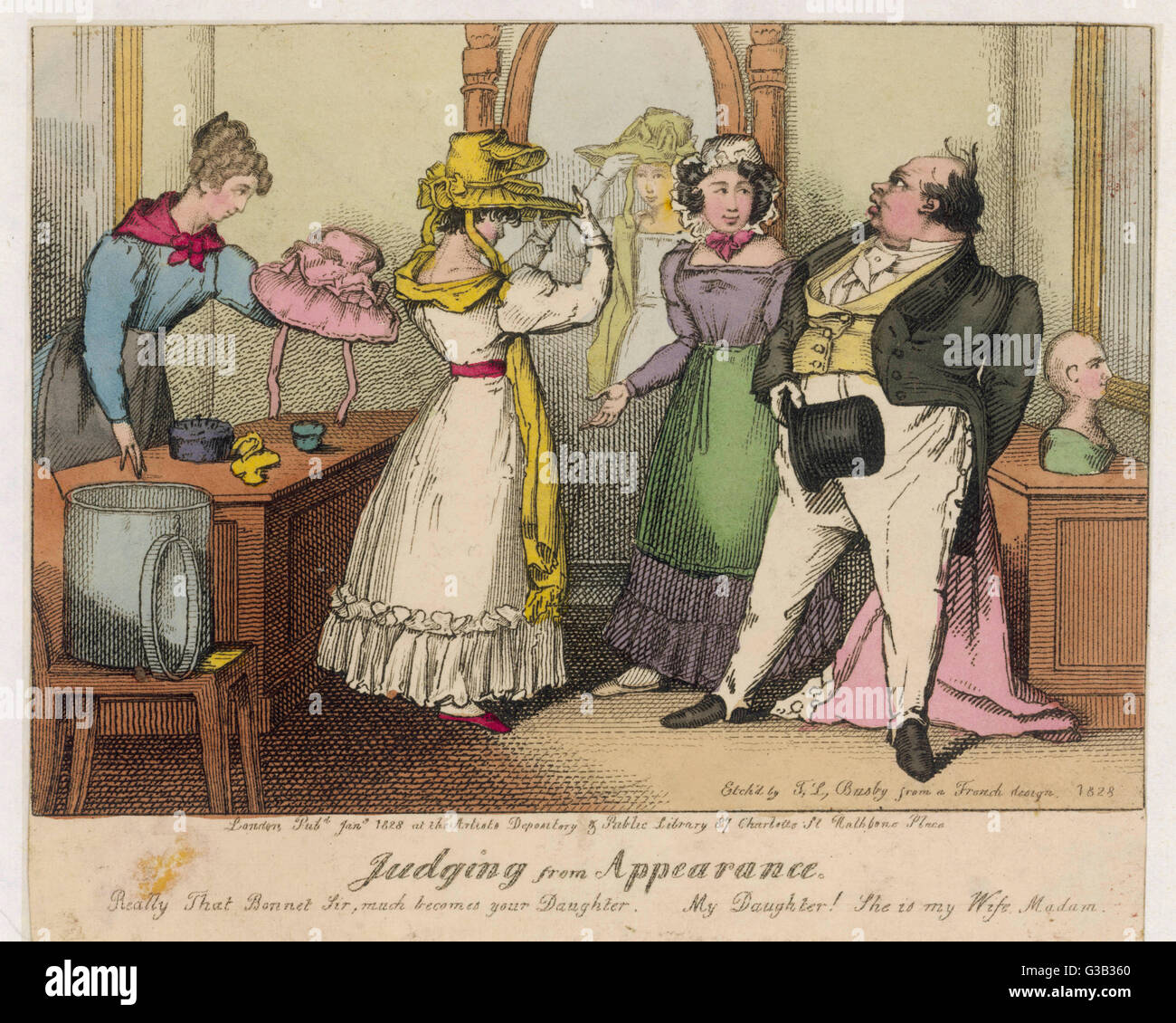 'Judging from Appearance', a  canny shop assistant infers  that a bonnet being tried on  by the wife takes years off  her age by mistaking her for  her husband's daughter.     Date: 1828 Stock Photo