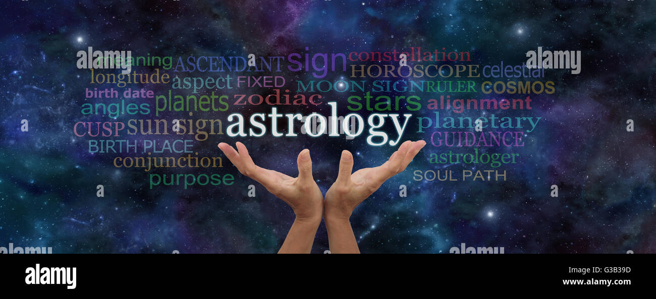 Female hands reaching up into the night sky with the word 'destiny' floating above, surrounded by a word cloud of wise words Stock Photo