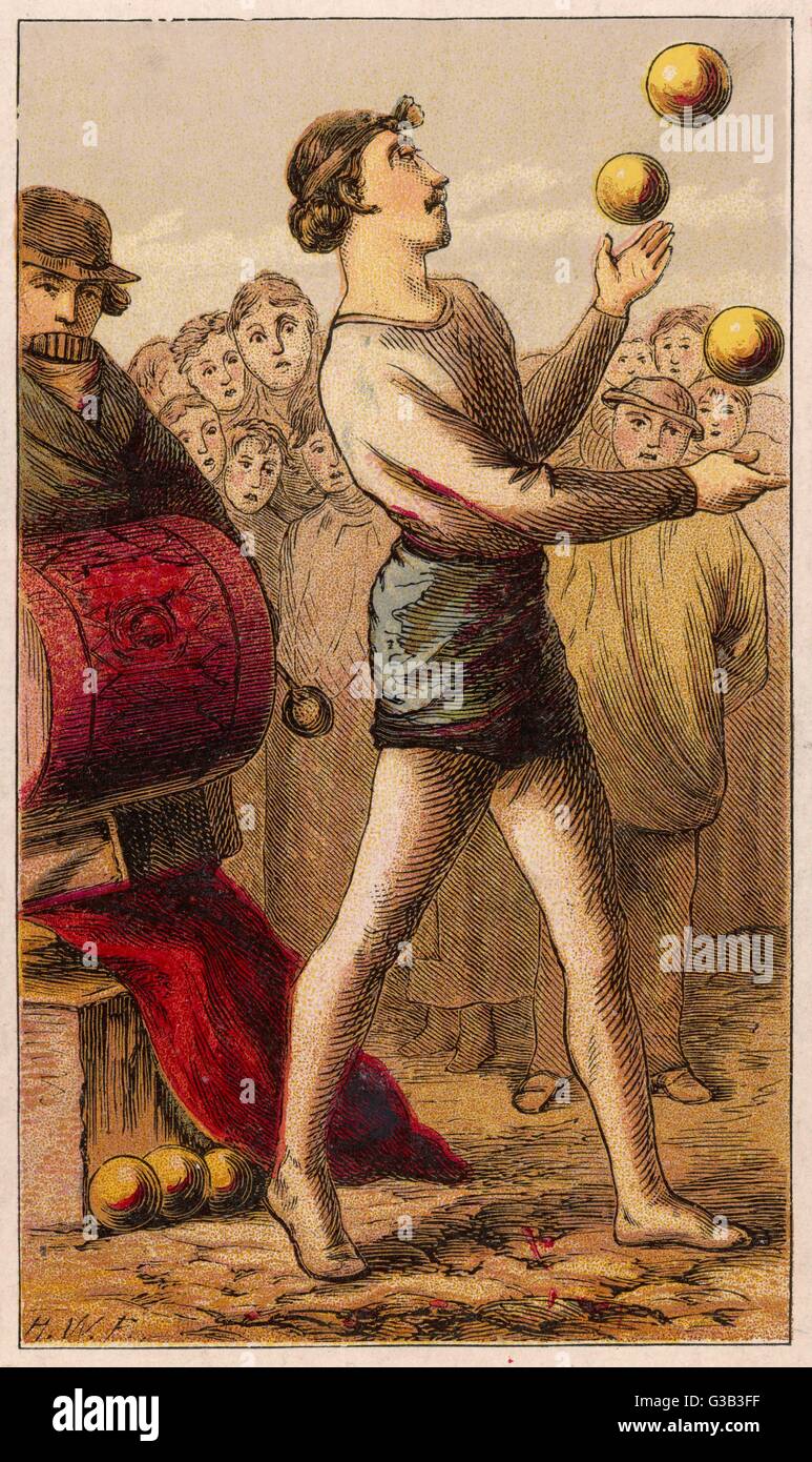 London characters : the STREET  ENTERTAINER works hard for his  living, for there's plenty of  competition on the pavements  from rival acrobats, jugglers,  escape artists and strong men.     Date: circa 1870 Stock Photo
