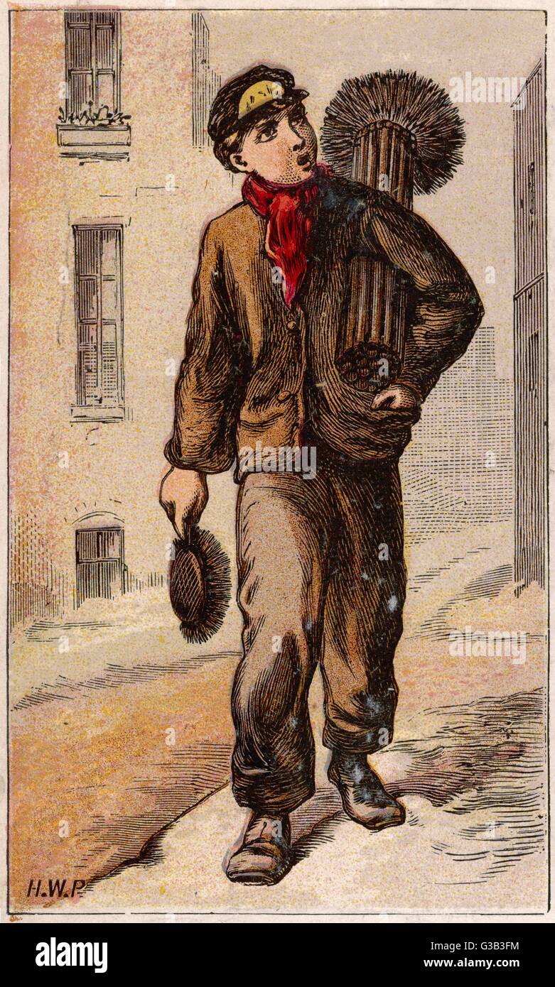 London characters the CHIMNEY SWEEP walks the streets with his brushes