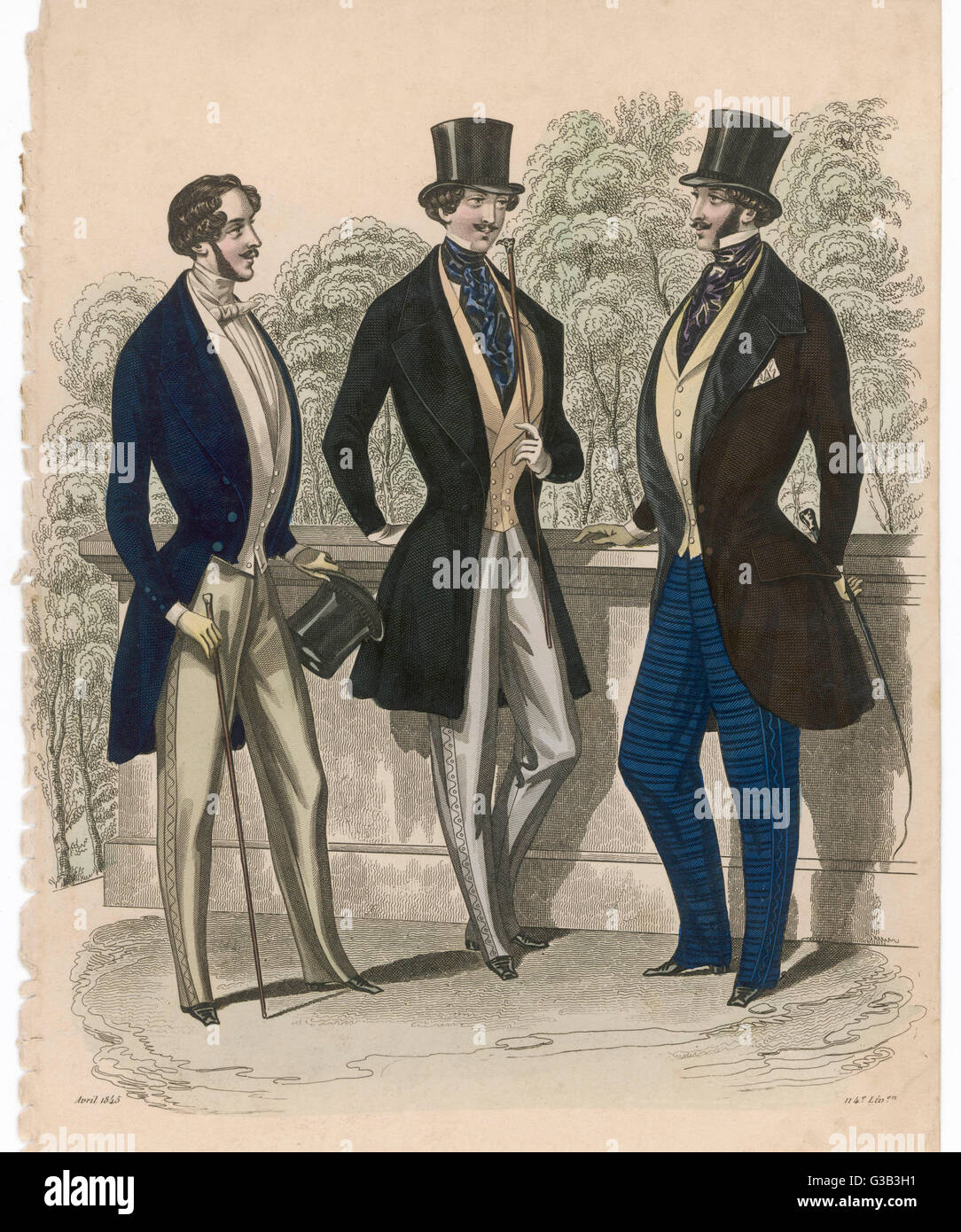 A gent in day dress clothes,  also a frock coat, S-B coat  curving away at the front,  strapped trousers with  decorative side seams, cravats  &amp; waistcoats with collars.      Date: 1845 Stock Photo