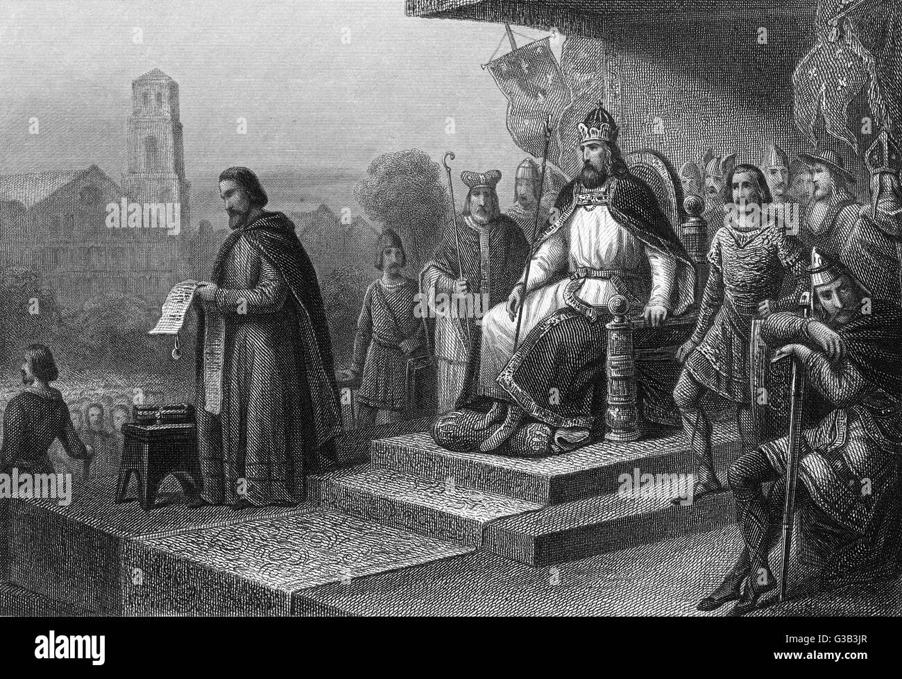 Charlemagne issues his  'capitulaires', ordinances for  the administration of his  empire       Date: circa 801 Stock Photo
