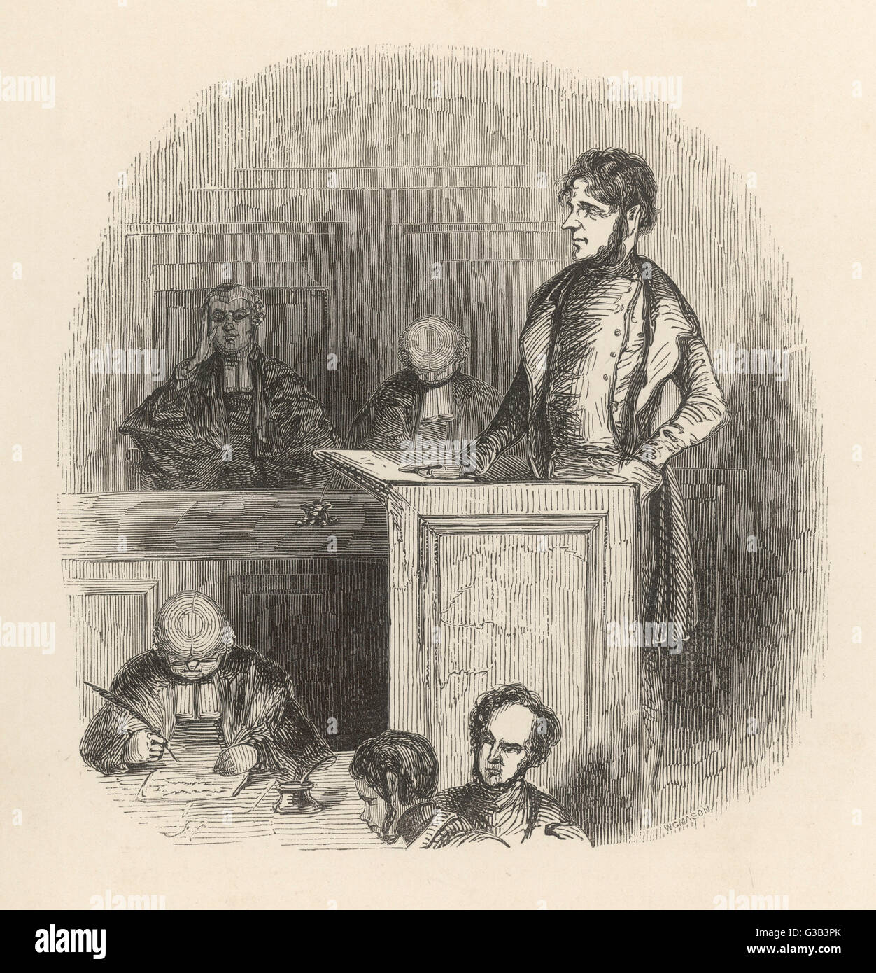An insolvent debtor makes a  court appearance : soon, no  doubt, he will find himself  in a debtors' prison       Date: 1842 Stock Photo