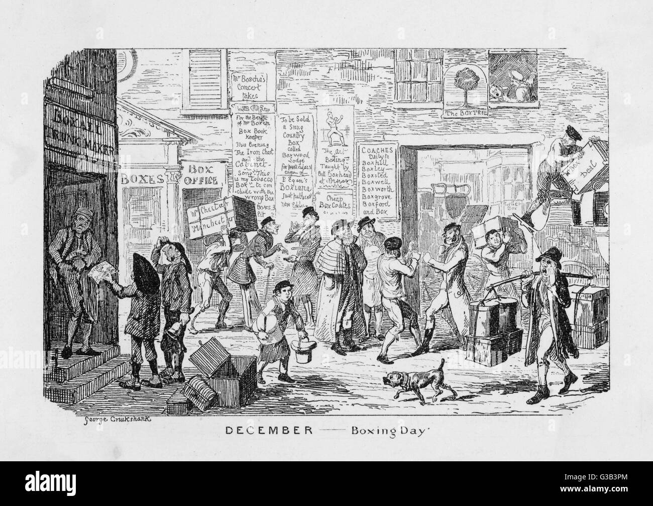 Scene featuring puns on  'boxing day': a child has his  ears boxed; two men are  boxing; notices advertise  coaches to Boxhill; boxes are  carried on shoulders      Date: 1836 Stock Photo