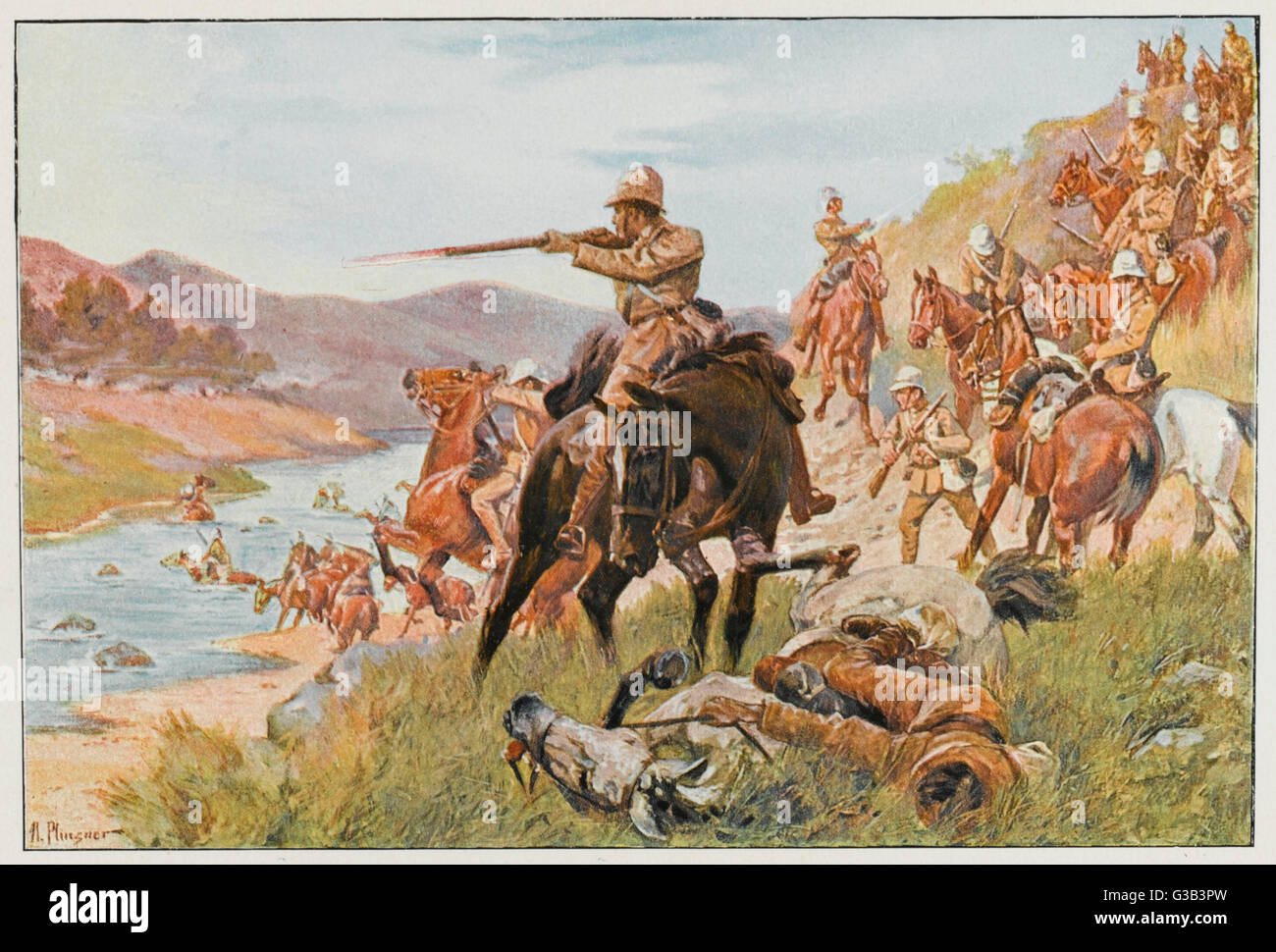 BATTLE OF MODDER RIVER British cavalry try to force a  crossing of the river in the  face of heavy opposition from  the Boers on the other bank      Date: 28 November 1899 Stock Photo