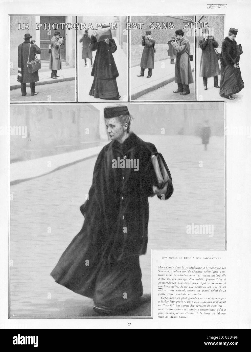 Marie Curie is news :  photographers lie in wait in  the rue Cuvier, Paris, and  snap her as she goes from her  home to her laboratory      Date: 1867-1934 Stock Photo