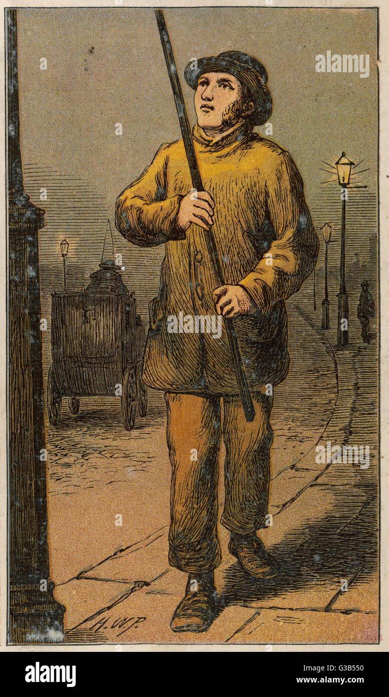 A London lamplighter turns on a gas street lamp with his pole Date