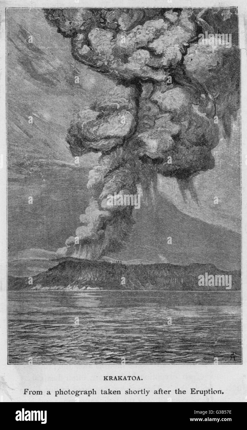Shortly after the initial  eruption, the volcano darkens  the sky with its belching  smoke       Date: 26 August 1883 Stock Photo