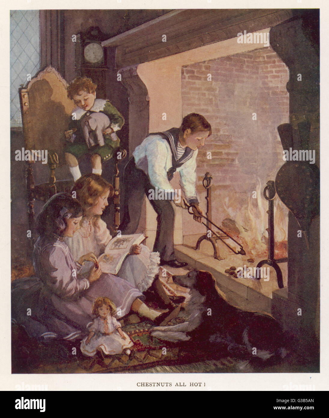 Children Roast Chestnuts In A Big Open Fireplace Date 1910 Stock