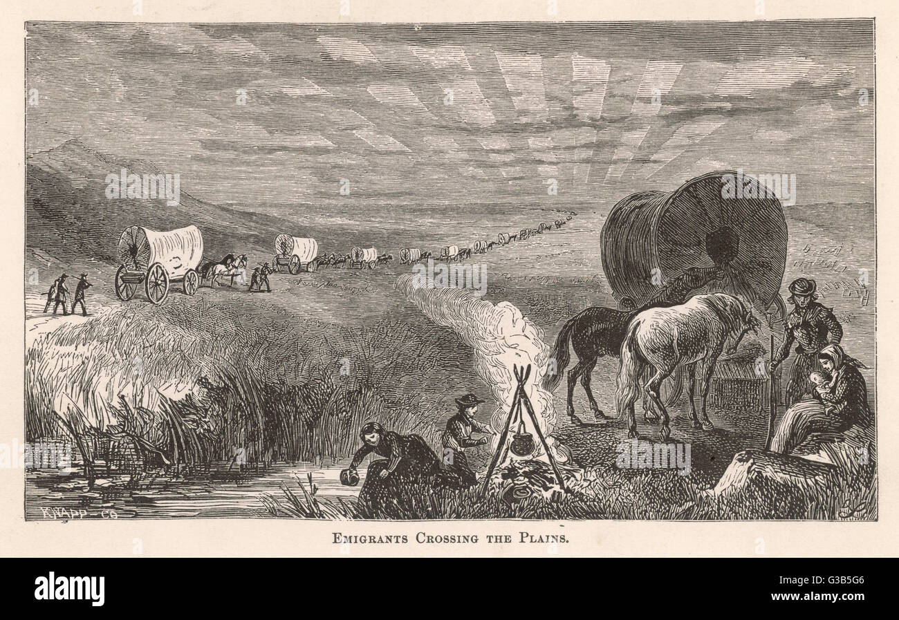 A Wagon Train Makes Its Way Across The Great Plains Towards